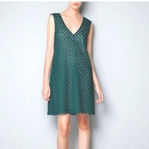 ZARA eyelet Lace Swing Mini Dress in emerald green. Size medium